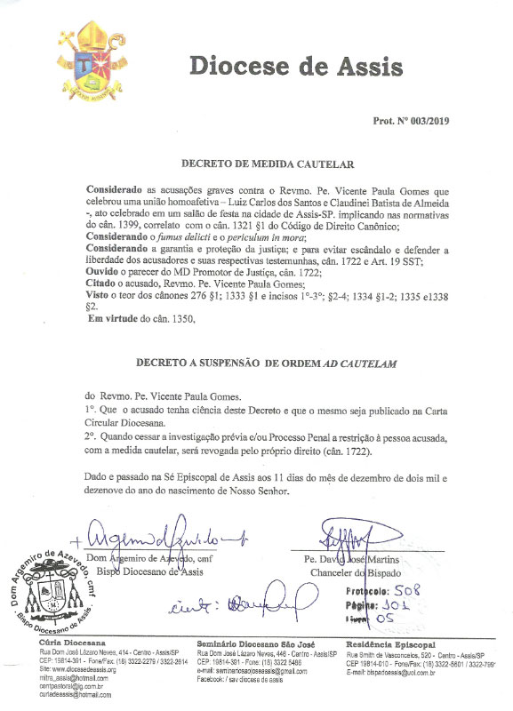 Divulgação - Documento divulgado pela Diocese Assis