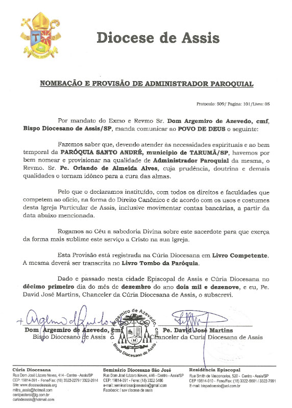 Divulgação - Documento determina troca do  Administrador Paroquial da Paróquia Santo André em Tarumã