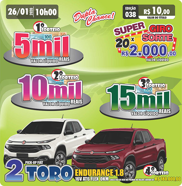 Divulgação - Sorteio deste domingo inclui dois Fiat Toro zero quilômetro