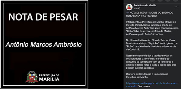 divulgação - Prefeitura de Marília publicou nota de pesar pelas mortes dos filhos do ex-vice-prefeito