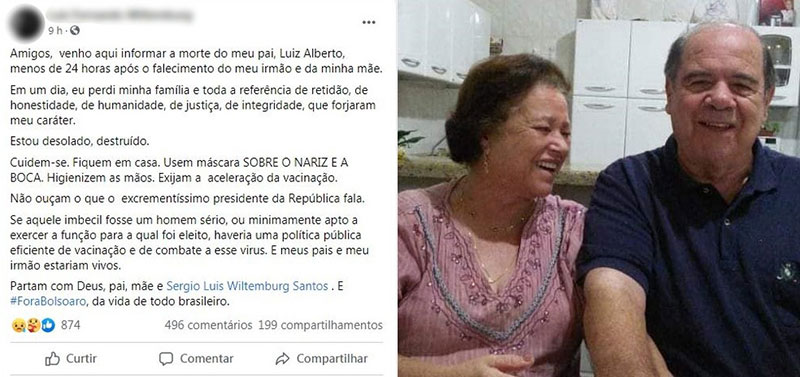 divulgação - Filho lamentou morte dos pais e irmão por Covid em Santa Cruz do Rio Pardo