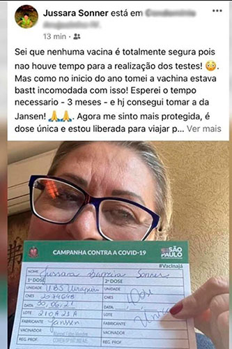 divulgação - Jussara Sonner exibe nas redes sociais cartão que comprova a terceira dose da vacina tomada por ela em Guarulhos, na Grande SP