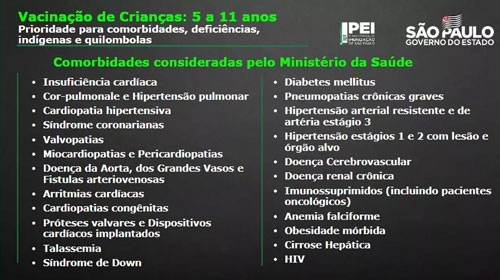 Divulgação - Lista de comorbidades para crianças que terão prioridade de vacinação em São Paulo. — Foto: Divulgação/Governo de SP