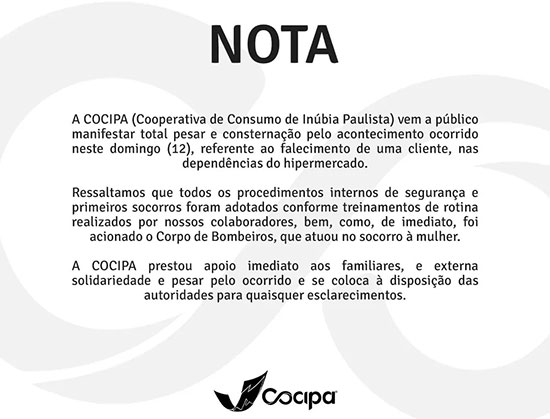 Divulgação - Nota oficial da Cooperativa de Consumo de Inúbia Paulista (Cocipa) sobre o acontecido deste domingo (12) — Foto: Reprodução/Facebook