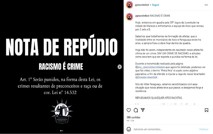 Divulgação - Vôlei Paraguaçu repudiou ofensas contra atleta do clube — Foto: Reprodução/Instagram