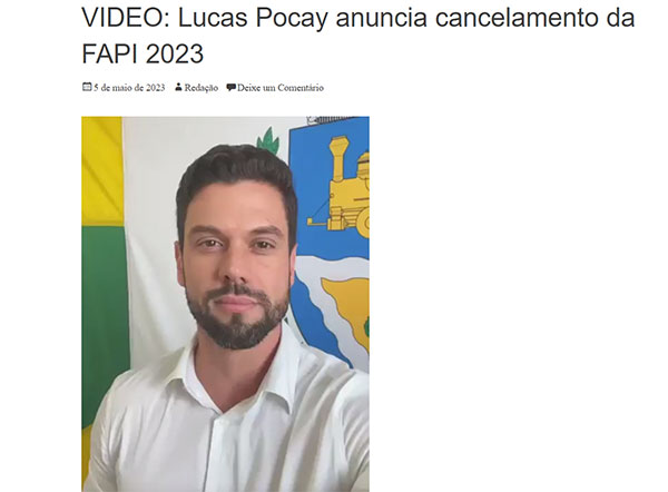 Divulgação - Prefeito Luas Pocay anuncia o cancelamento da festa - Foto: Reprodução