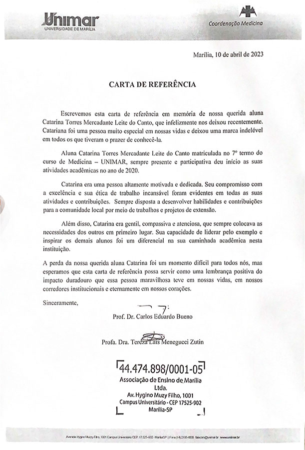 divulgação - Carta de referência da Universidade de Marília (UNIMAR) - Foto: Divulgação/Carlos Henrique Pinheiro