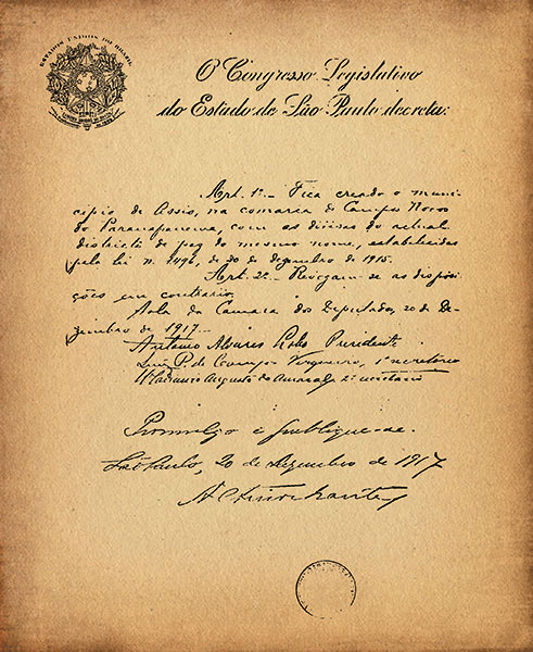 Fac-símile do documento de criação do Município de Assis, datado de 20 de dezembro de 1917 - Foto acervo Luis Carlos de Barros