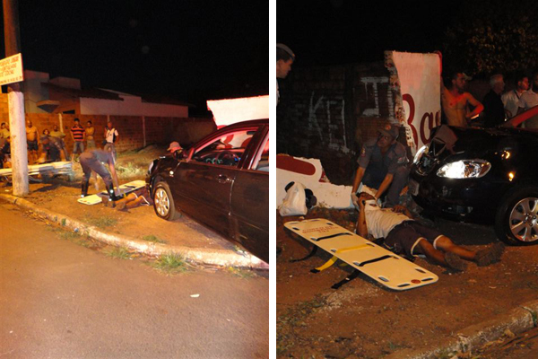 Corolla avança parada obrigatória, atinge motociclista e bate contra o muro
