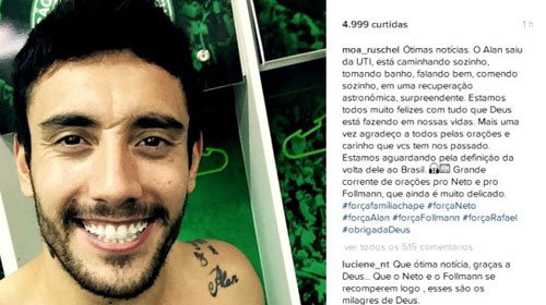 Alan Ruschel deixa UTI, caminha e come sozinho, comemora irmã
