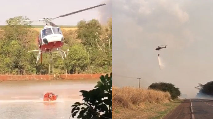Helicóptero Águia é acionado para ajudar no combate ao incêndio da zona rural de Palmital; assista