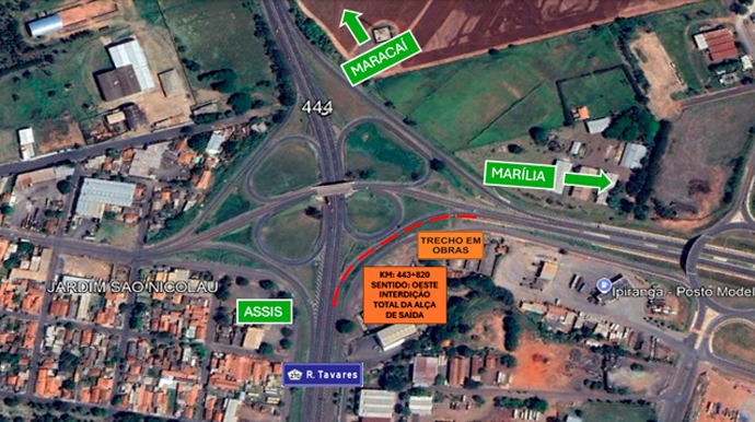 Mapa indica o trecho da alça de saída no km 443+820 da SP-270, em Assis, que será totalmente interditado entre os dias 19 e 23 de maio para obras de drenagem - FOTO: Divulgação