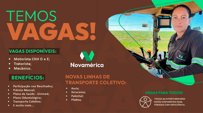 Novamérica abre vagas para motorista, tratorista e mecânico; saiba como se candidatar