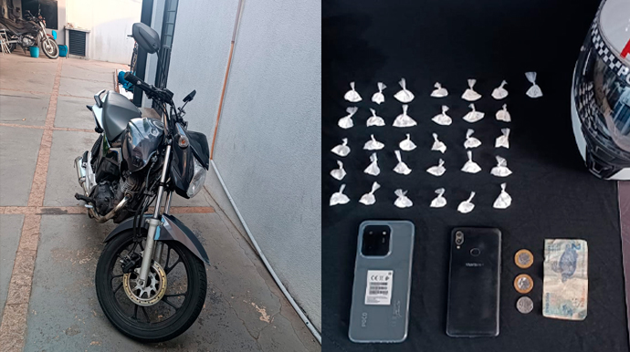 Moto e drogas apreendidas - FOTO: Polícia Militar/Divulgação