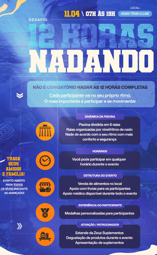 Participantes podem entrar e sair da piscina ao longo do evento, nadando conforme seus limites e apoiando a ação solidária. Foto: Divulgação